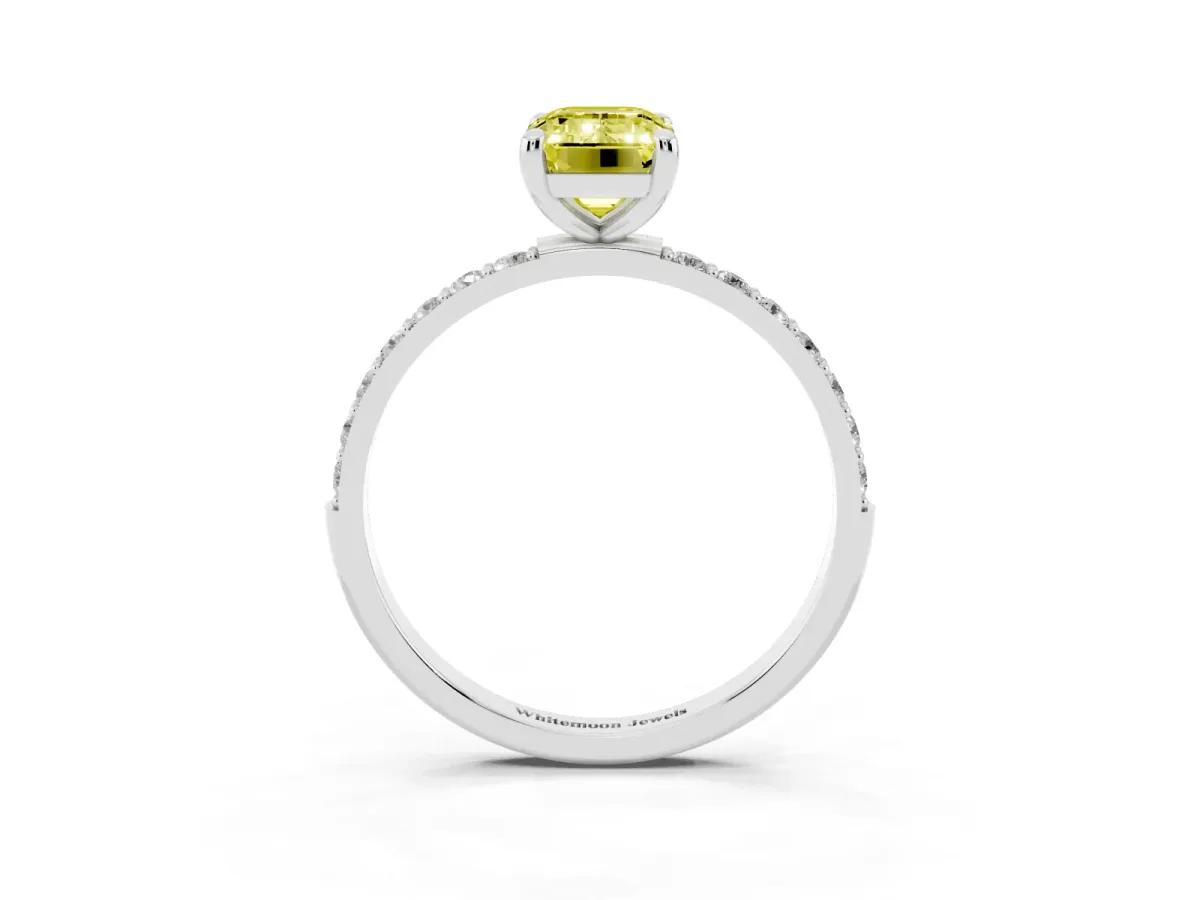 Fancy Yellow Emerald Cut Diamond Solitaire Ring with Round Pavé Band and Prong Setting Silver