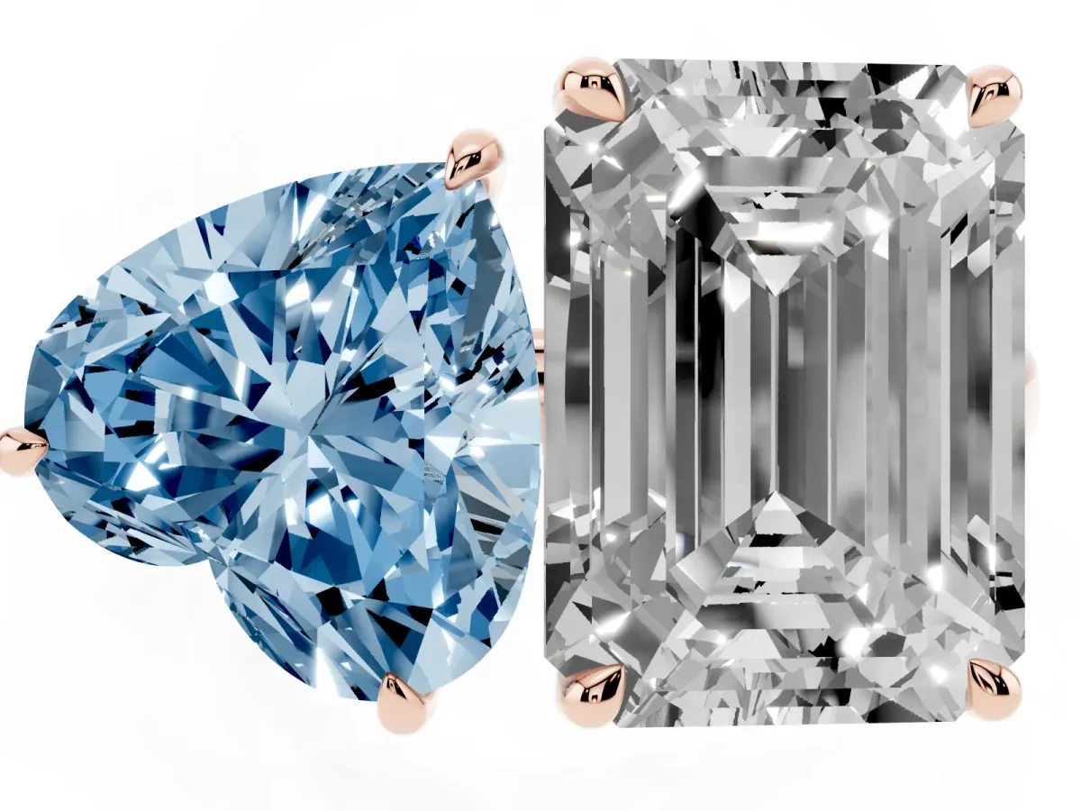 Fancy Blue Heart Cut and Emerald Cut Toi Moi Ring with Prong Setting Rose gold