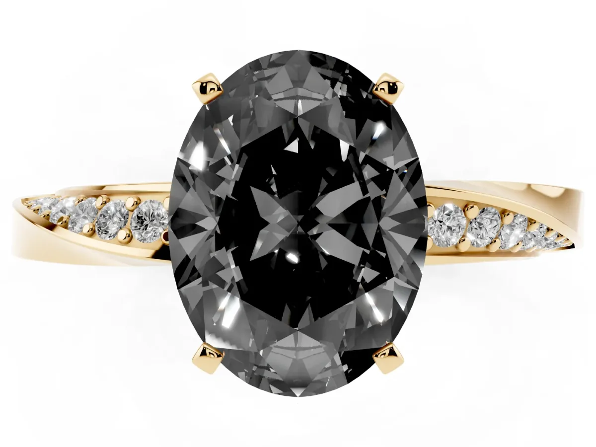 Fancy Black Oval Cut Diamond Engagement Ring with Side Stone Accents and Four-Prong Setting Yellow gold