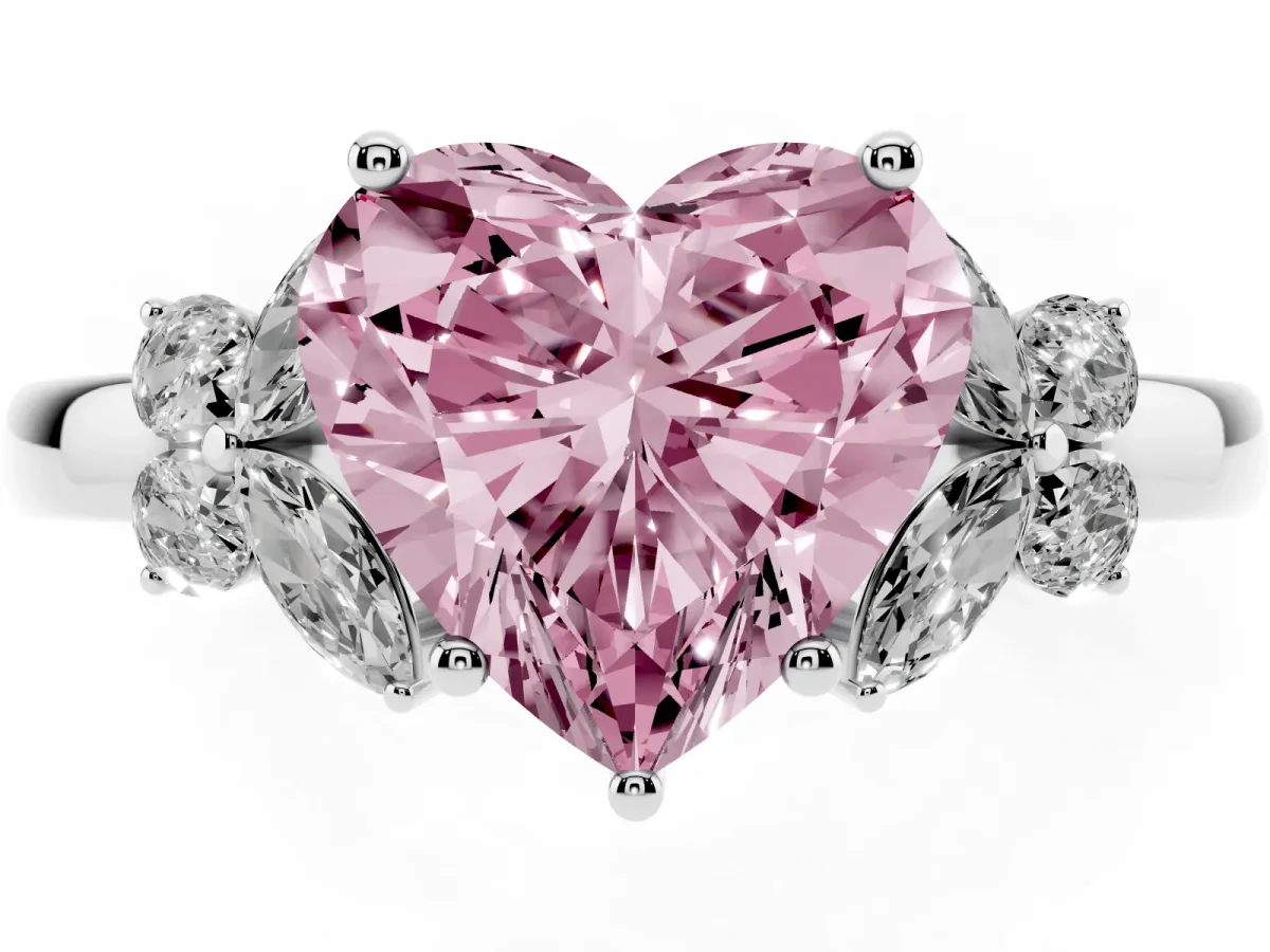 Fancy Pink Heart Cut Cut Solitaire Floral Diamond Ring with Four-Prong Setting Silver