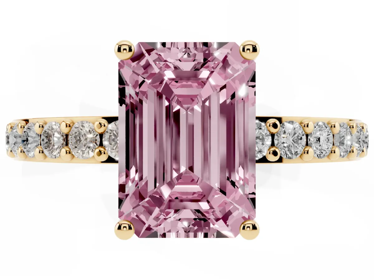 Fancy Pink Emerald Cut Cut Diamond Solitaire with Pave Band and Four-Prong Setting Yellow gold
