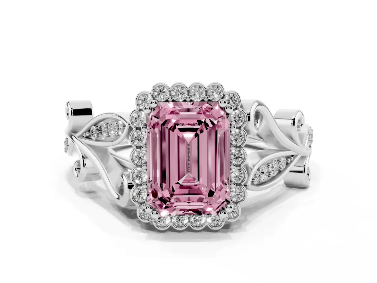 Fancy Pink Emerald Cut Diamond Halo Ring with Vintage Split Shank and Four-Prong Setting Silver