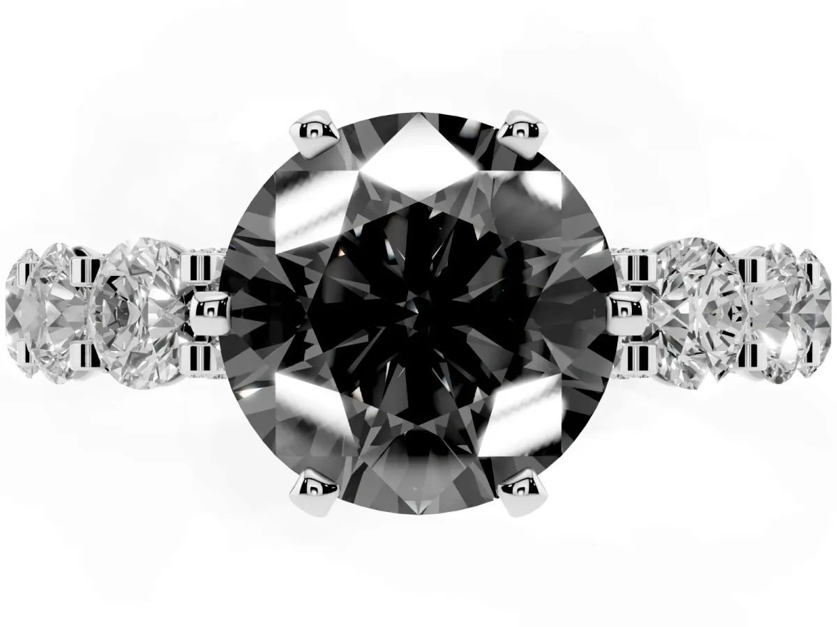 Fancy Black Round Cut Diamond Side Stone Engagement Ring with Four-Prong Setting Platinum