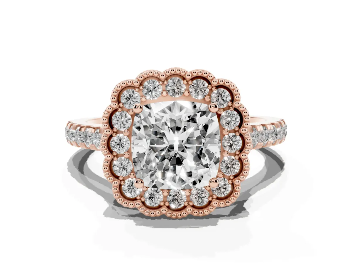 Cushion Cut Cut Diamond Milgrain Floral Halo Engagement Ring with Pavé Band Rose gold