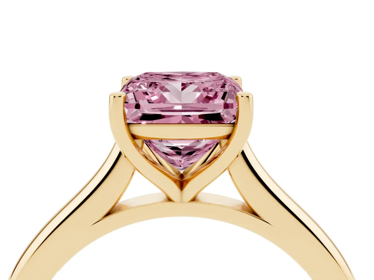 Fancy Pink Princess Cut Cut Solitaire Ring with Cathedral Band and Four-Prong Setting Yellow gold