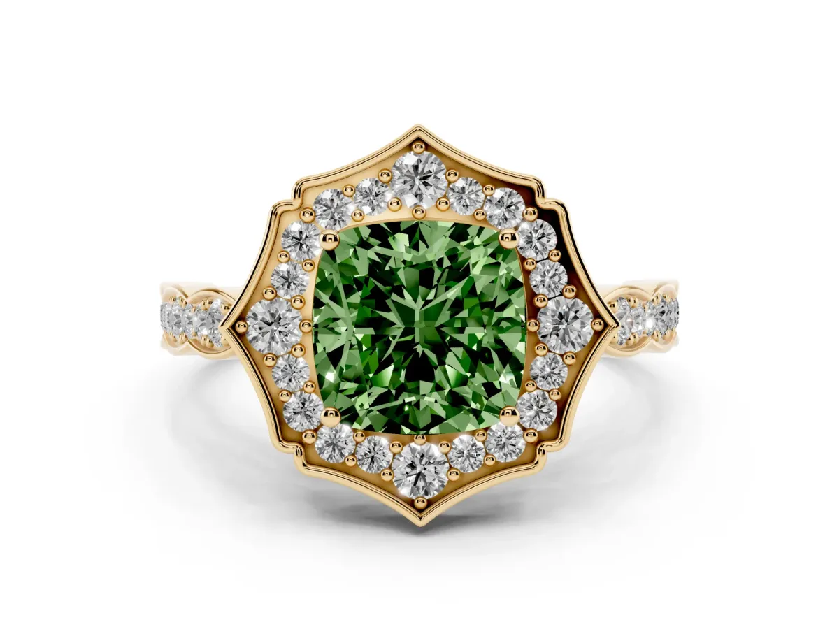 Fancy Green Cushion Cut Halo Diamond Engagement Ring with Milgrain Band and Four-Prong Setting Yellow gold