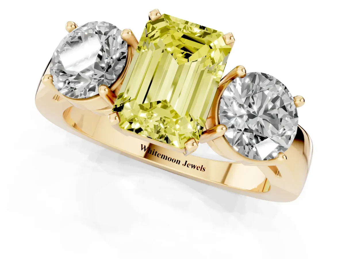 Fancy Yellow Three-Stone Emerald Cut Diamond Ring with Round Side Stones, Classic Band, and Four-Prong Setting Yellow gold