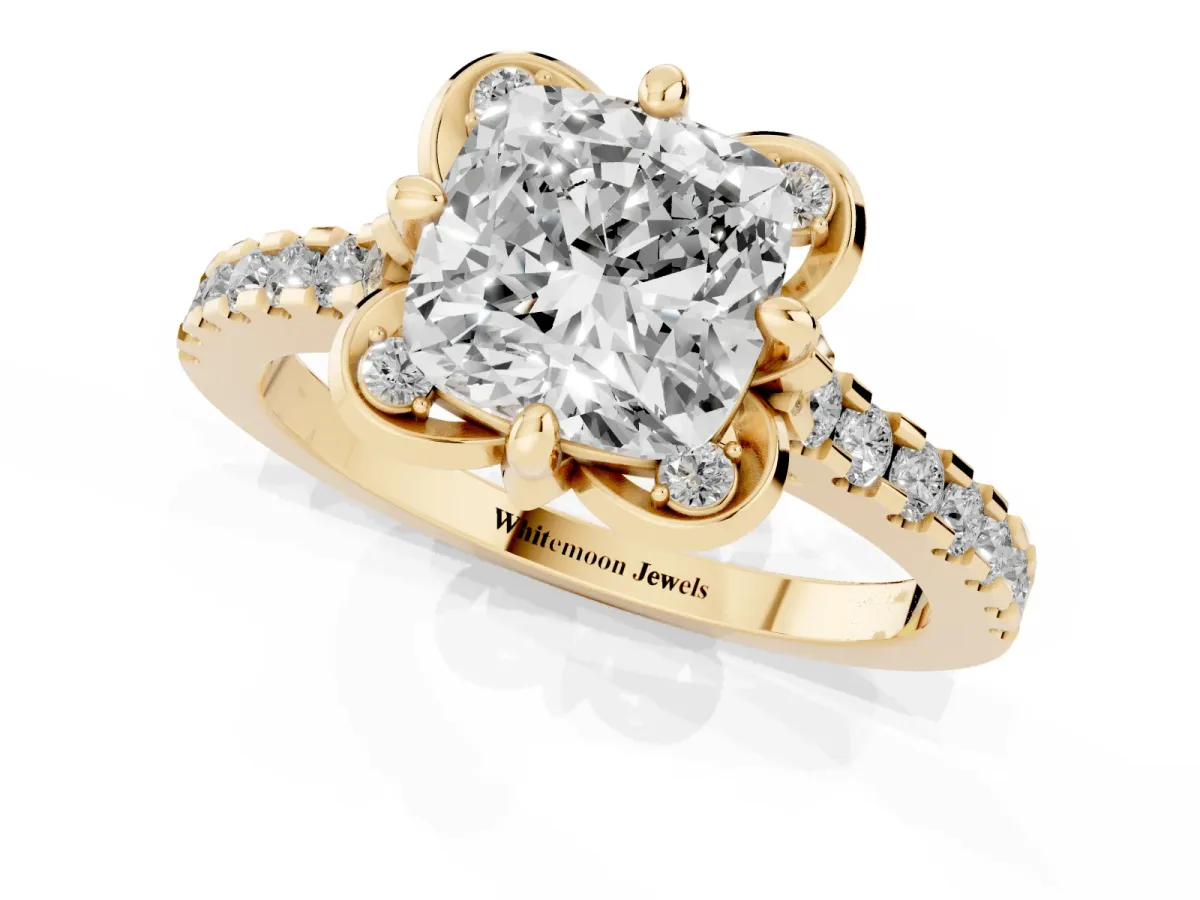 Cushion Cut Diamond Ring with Pavé Band and Floral Prong Setting Yellow gold