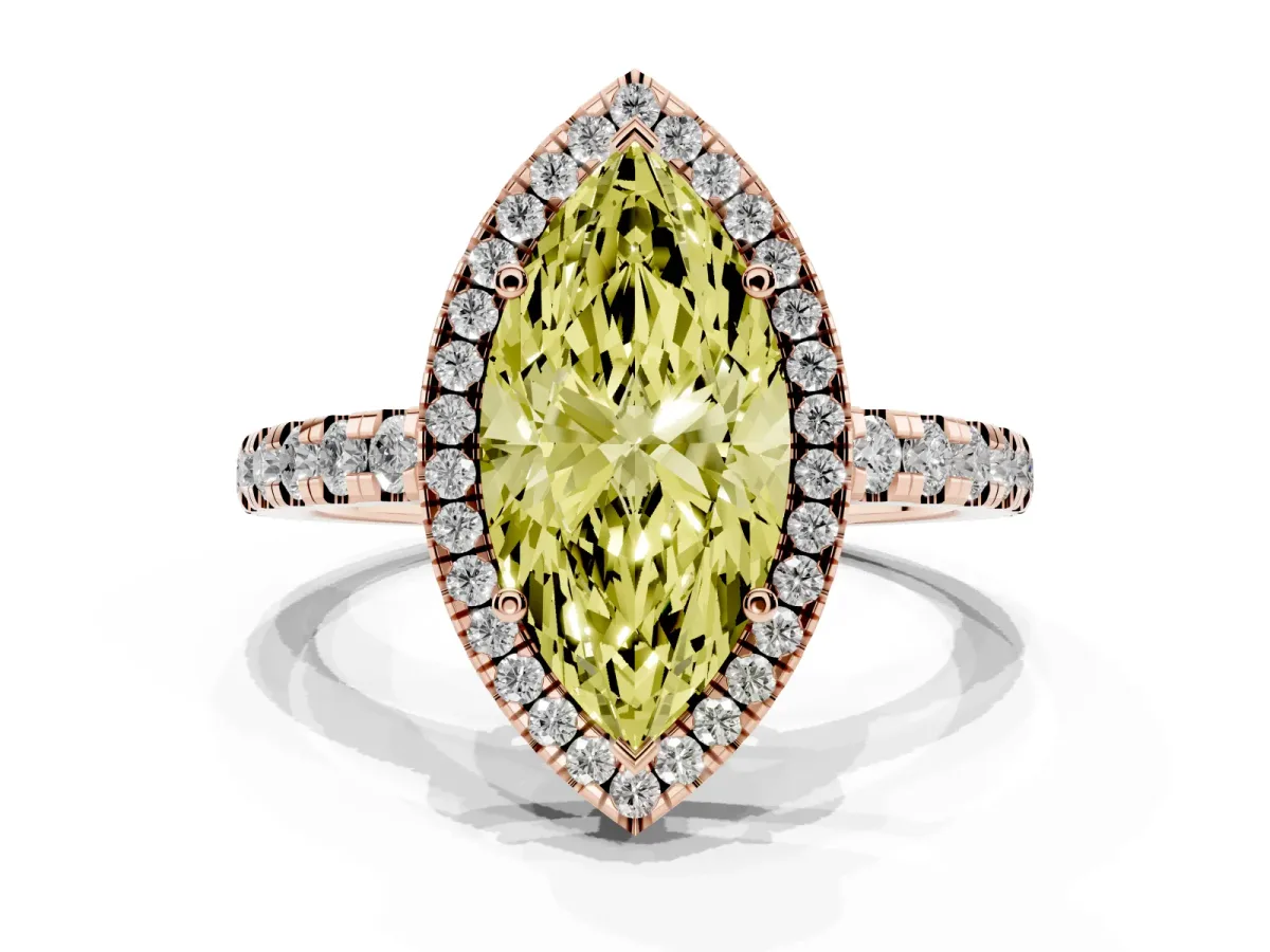 Fancy Yellow Marquise Cut Diamond Halo Ring with Pavé Band and Four-Prong Setting Rose gold