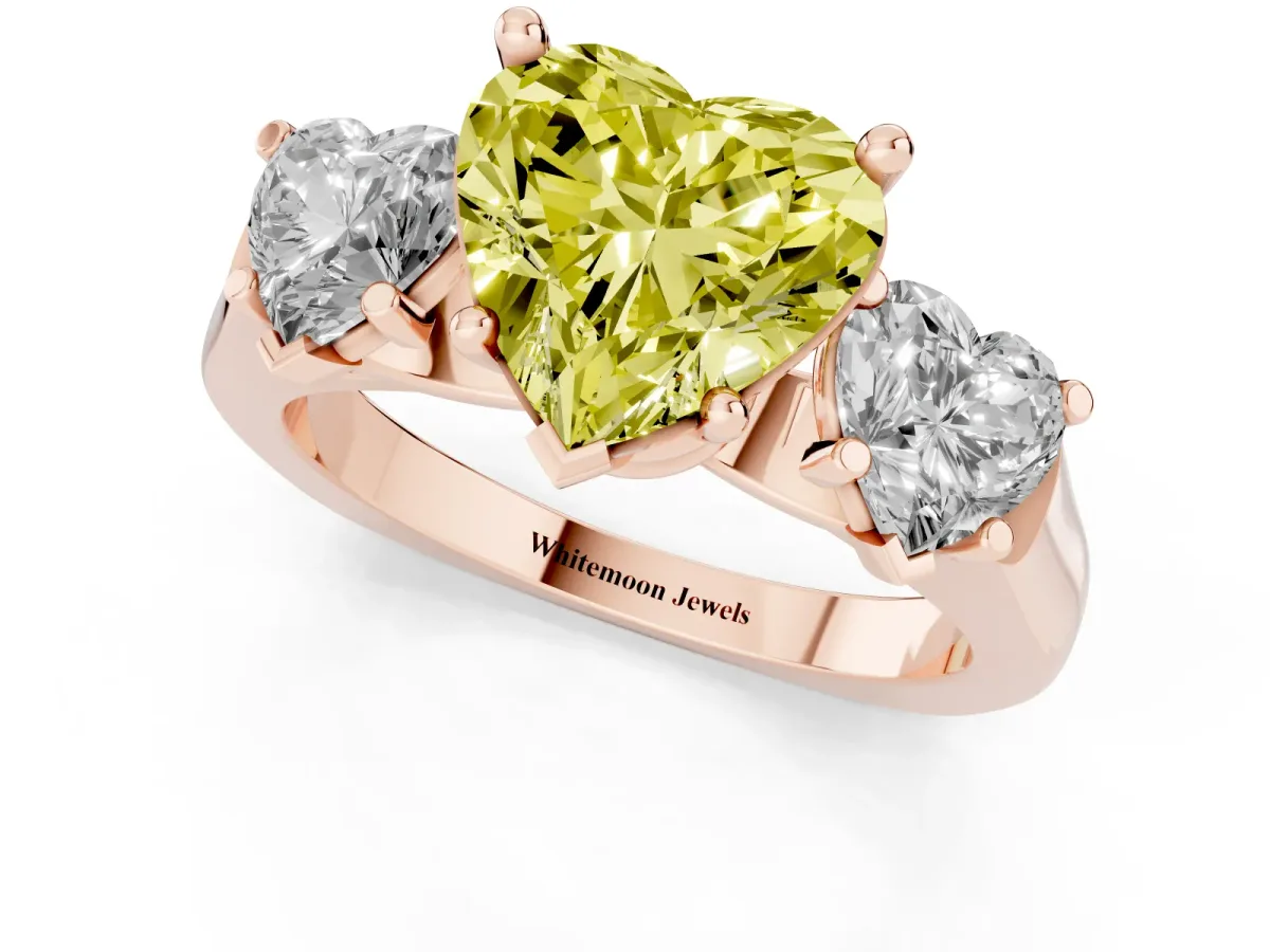 Fancy Yellow Three-Stone Heart Cut Brilliant Diamond Trellis Ring with Comfort Fit Band Rose gold