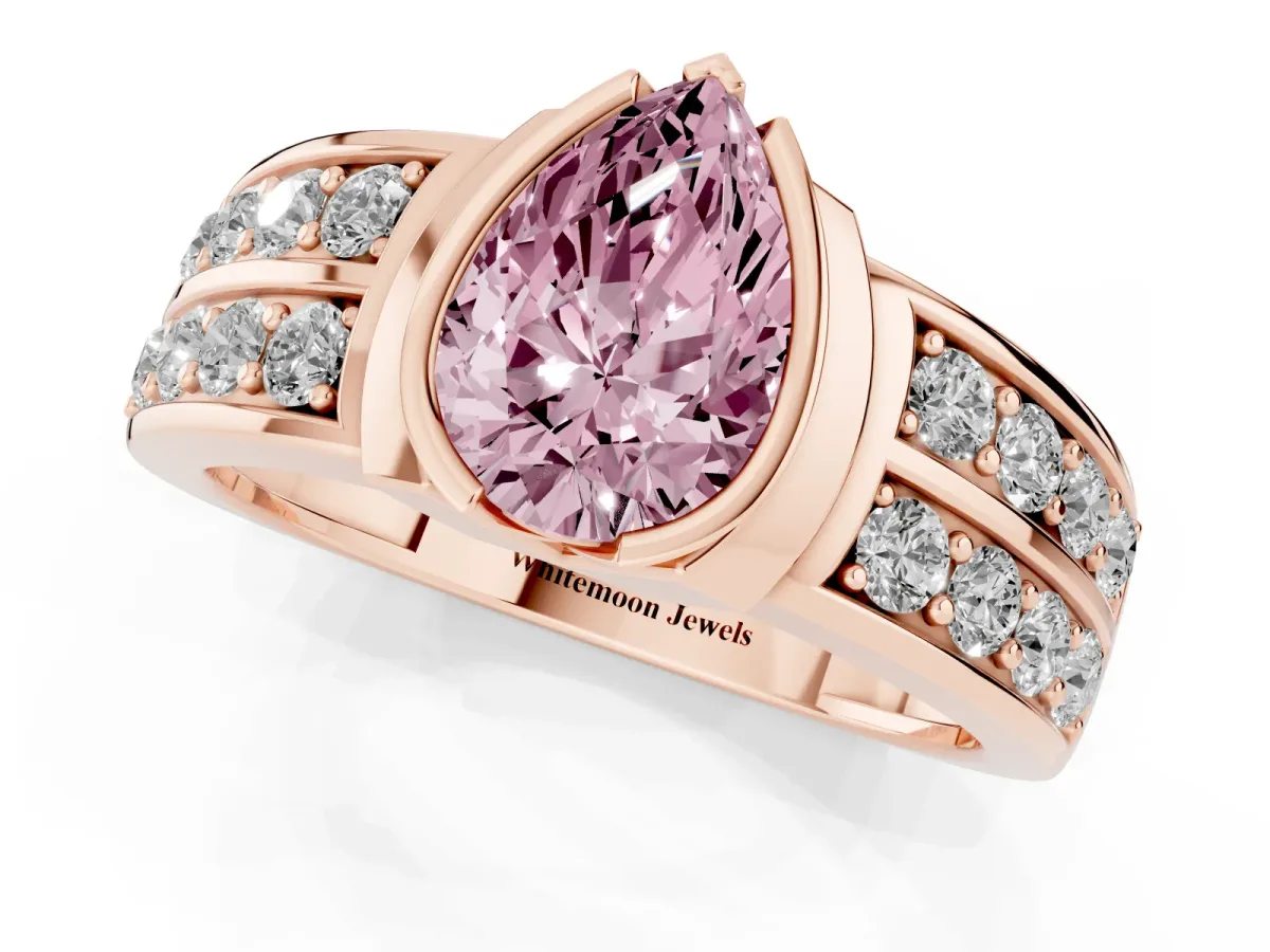 Fancy Pink Pear Cut Brilliant Diamond Channel Set Wide Band Ring with Bezel Setting Rose gold