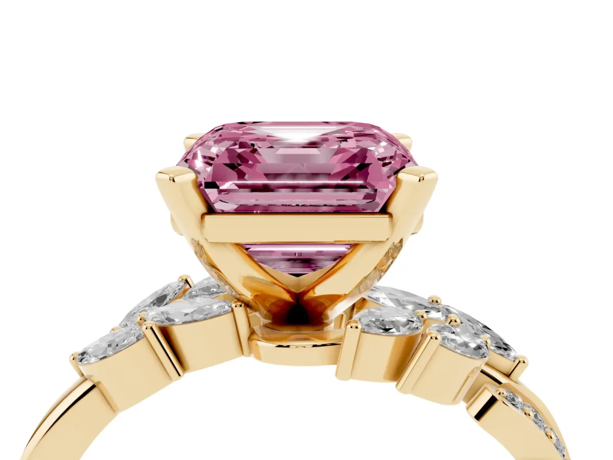 Fancy Pink Asscher Cut Solitaire Marquise Twist Band with Six-Prong Setting Yellow gold