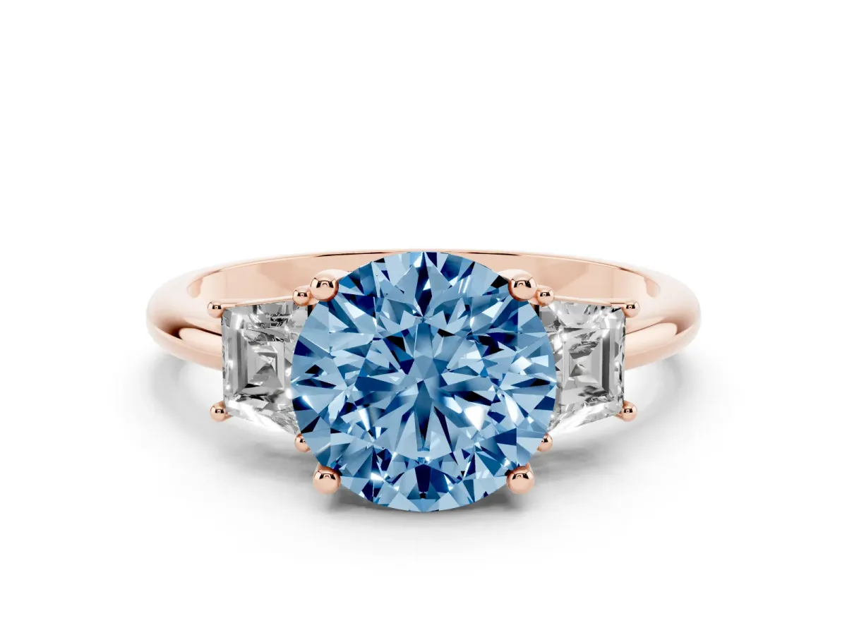 Fancy Blue Round Cut Diamond Three-Stone Ring with Trapezoid Side Stones and Prong Setting Rose gold