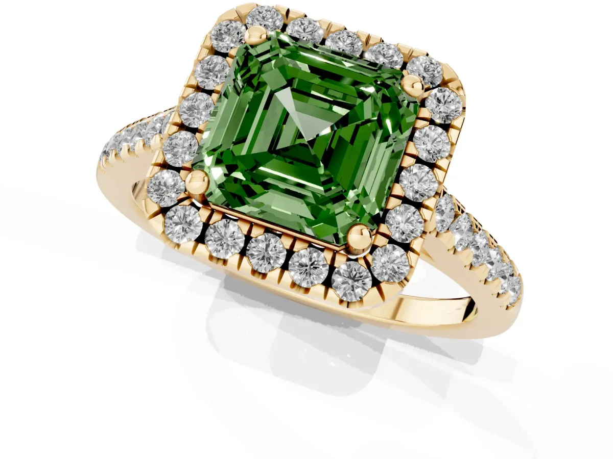 Fancy Green Asscher Cut Halo Pavé Diamond Engagement Ring with Four-Prong Setting Yellow gold