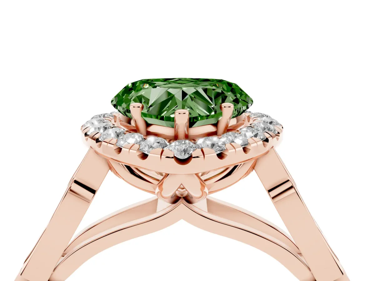 Fancy Green Heart Cut Halo Diamond Engagement Ring with Filigree Band and Four-Prong Setting Rose gold