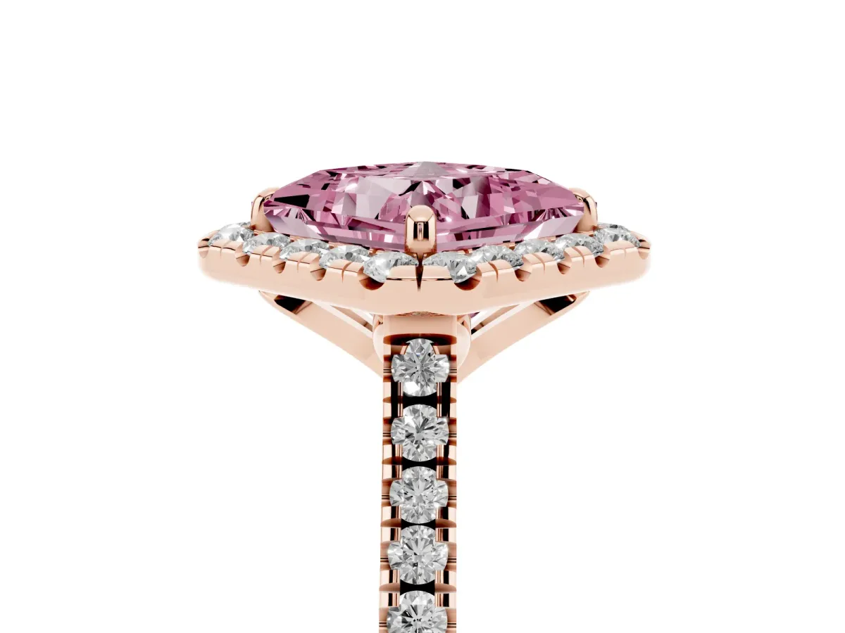 Fancy Pink Princess Cut Diamond Cushion Halo Ring with Pavé Band Rose gold