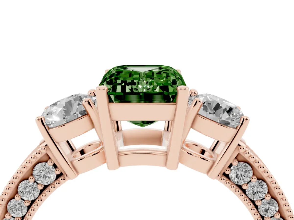 Fancy Green Emerald Cut Three-Stone Diamond Ring with Pavé Band and Four-Prong Setting Rose gold