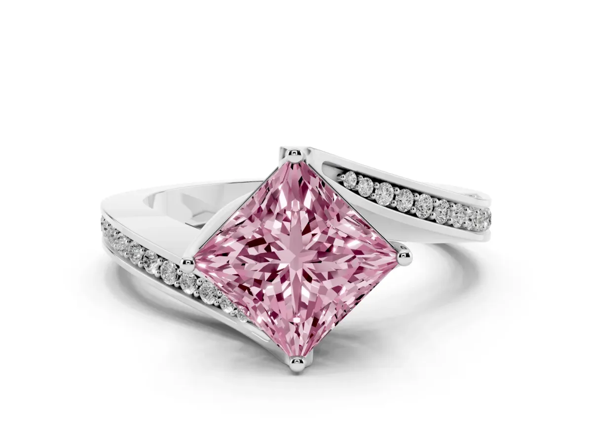 Fancy Pink Princess Cut Solitaire Diamond Twist Band with Pavé Setting and Four-Prong Setting Silver