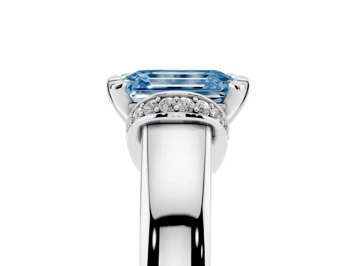 Fancy Blue Emerald Cut Solitaire Diamond Ring with Pave Band and Six-Prong Setting Platinum