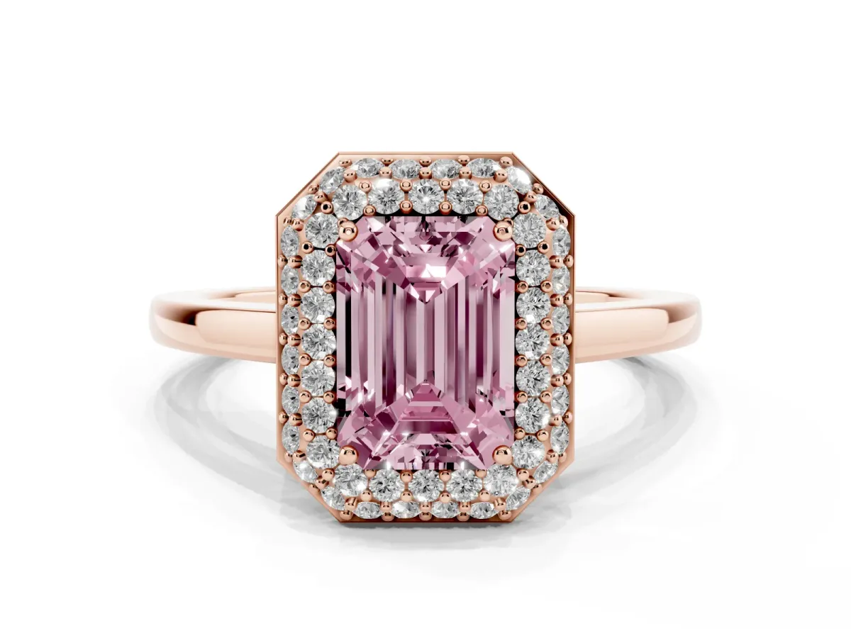 Fancy Pink Emerald Cut Halo Diamond Engagement Ring with Solitaire Band and Four-Prong Setting Rose gold