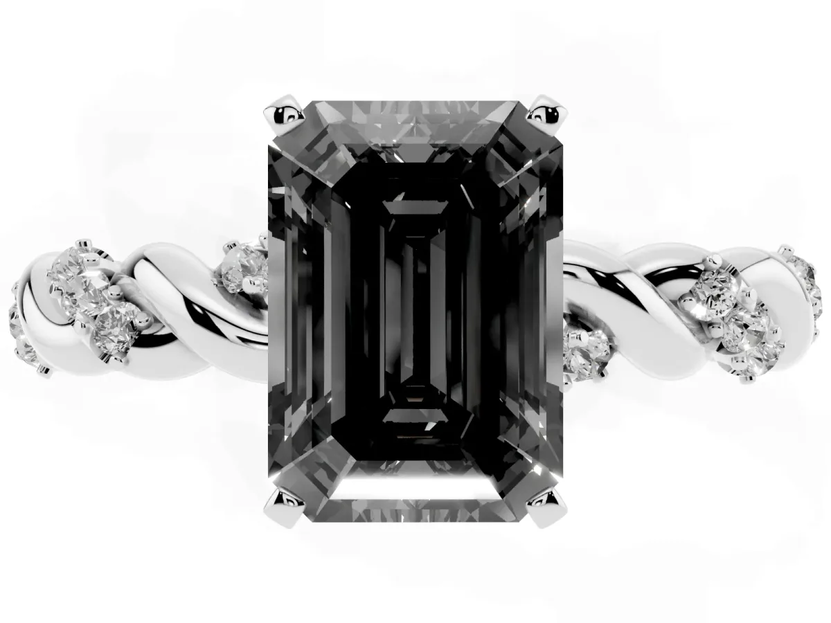 Fancy Black Emerald Cut Diamond Solitaire Ring with Twisted Band and Pavé Accents Platinum