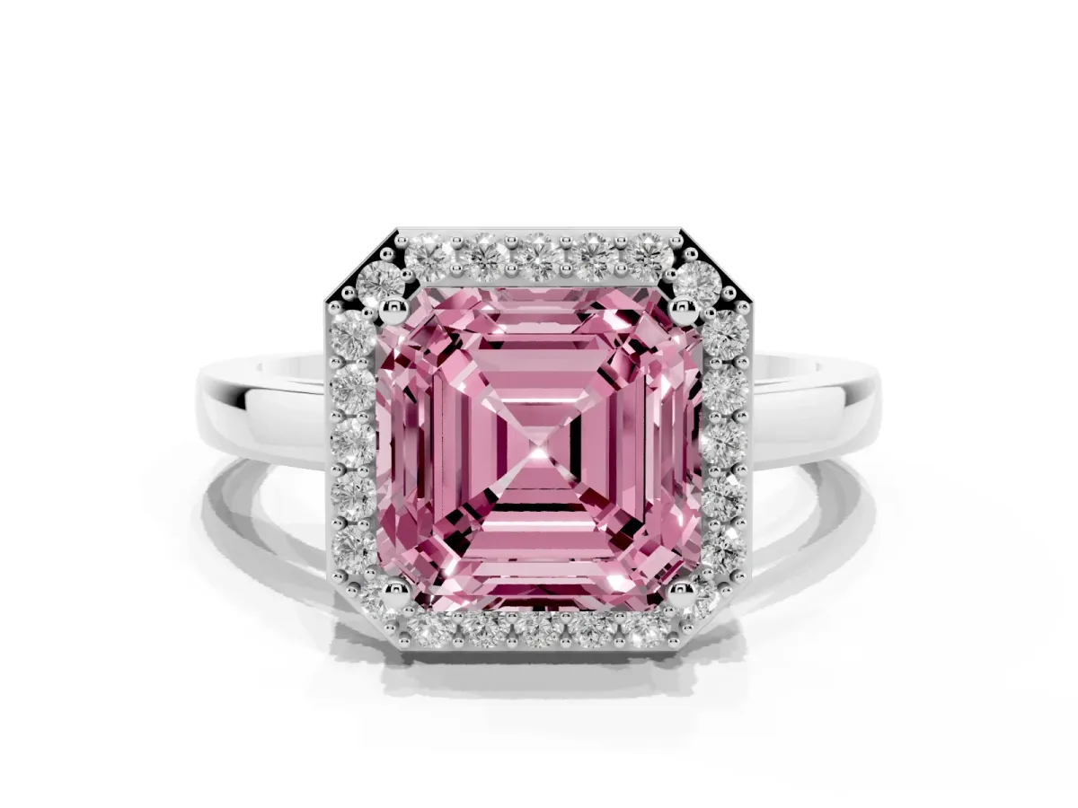 Fancy Pink Asscher Cut Halo Diamond Ring with Solitaire Band and Prong Setting White gold
