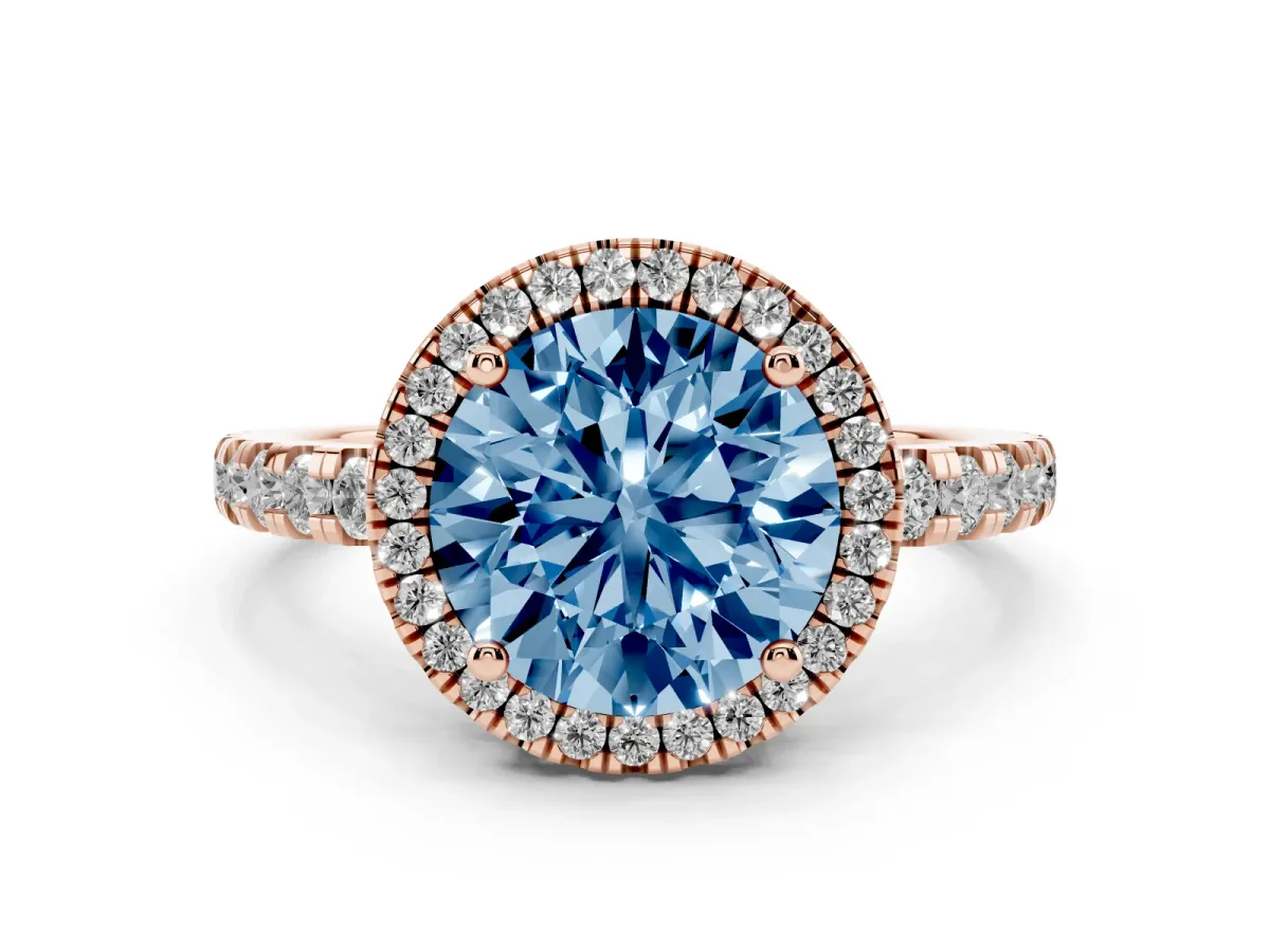 Fancy Blue Round Cut Diamond Halo Ring with Pavé Band and Four-Prong Setting Rose gold