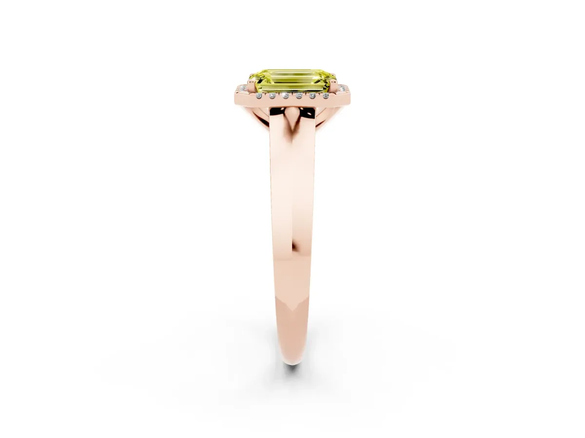 Fancy Yellow Emerald Cut Halo Diamond Ring with Cathedral Band and Four-Prong Setting Rose gold