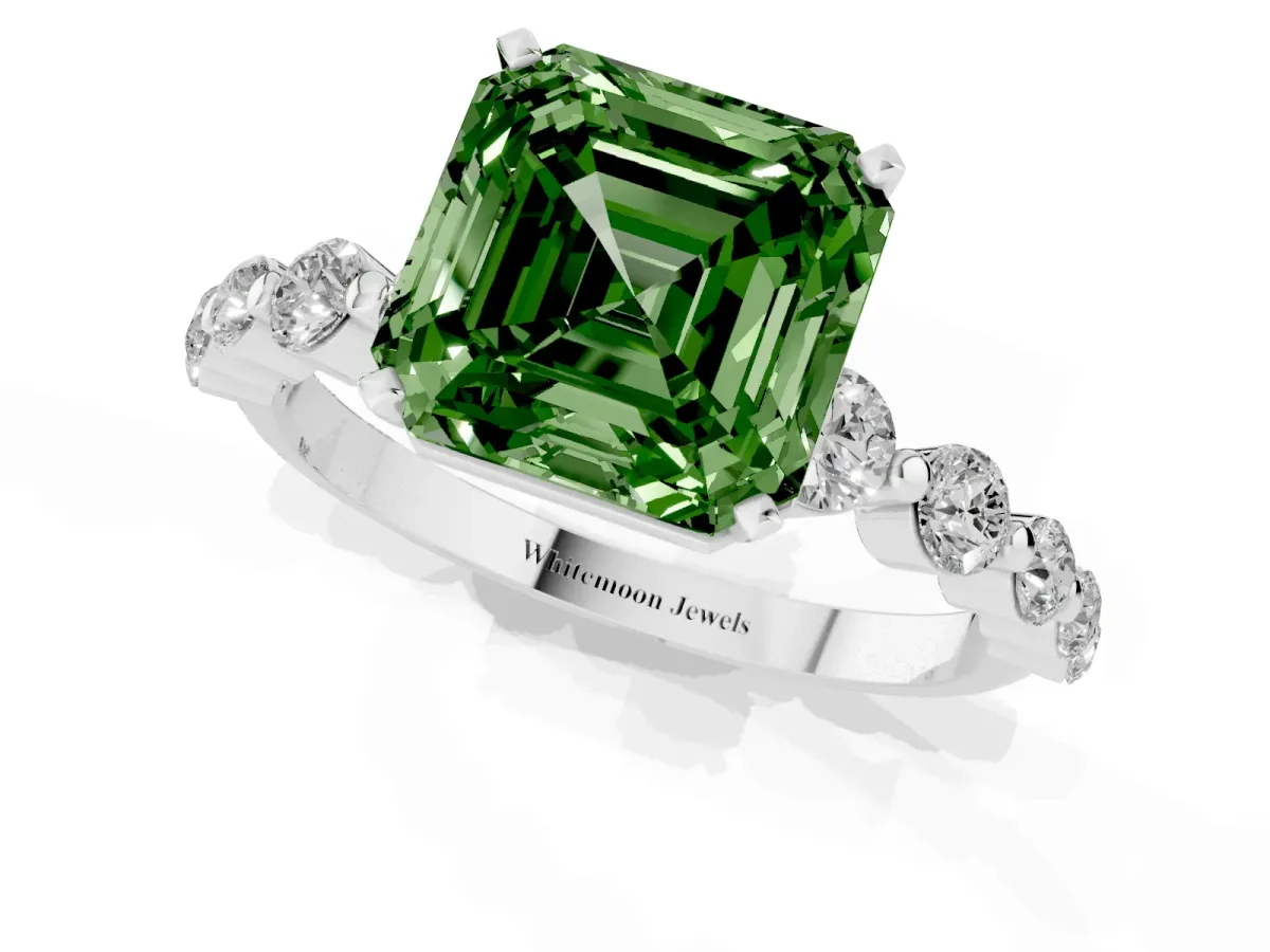 Fancy Green Asscher Cut Solitaire Diamond Ring with Pave Band and Four-Prong Setting Silver