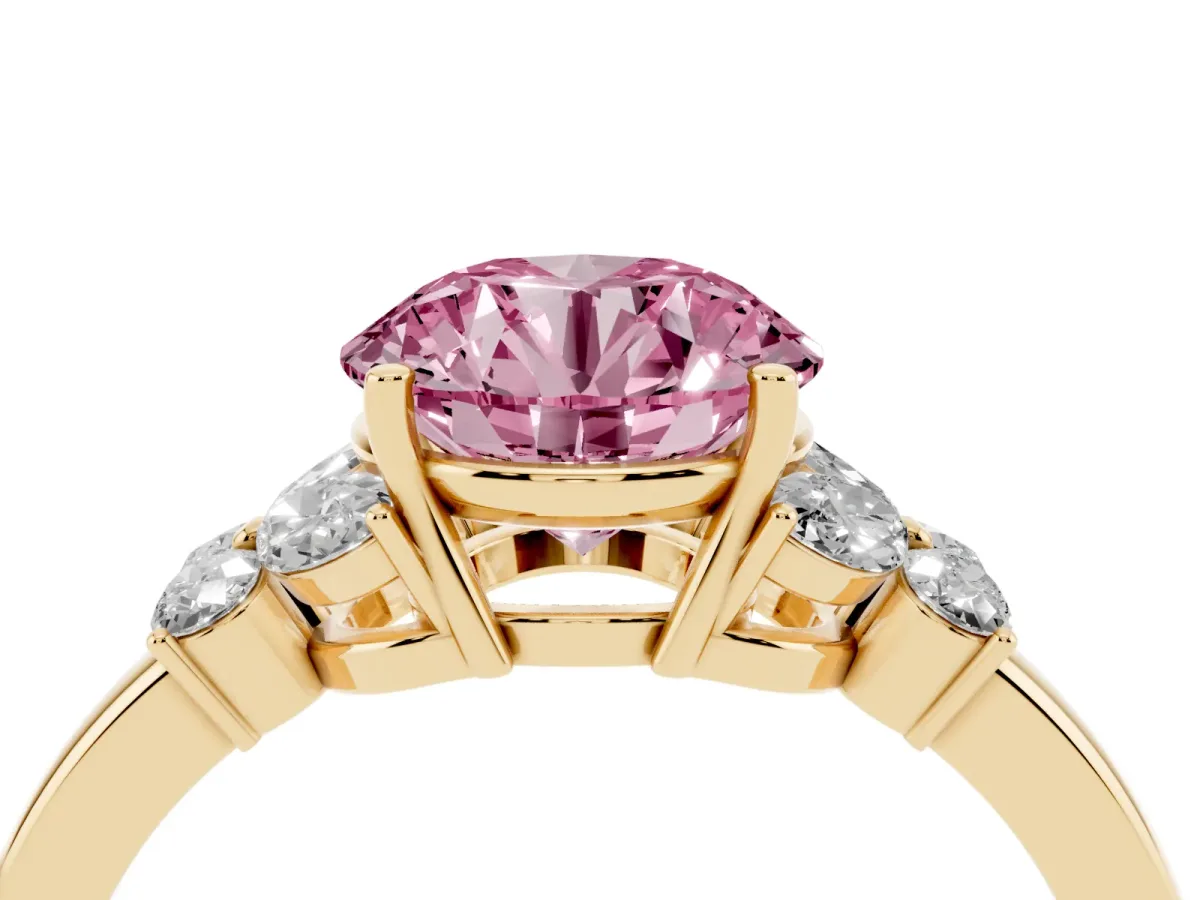 Fancy Pink Round Cut Cut Solitaire Floral Diamond Ring with Four-Prong Setting Yellow gold