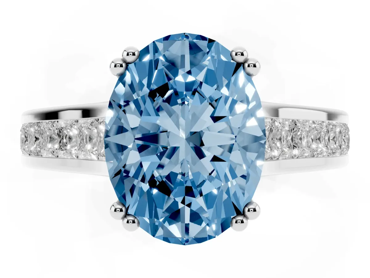 Fancy Blue Oval Cut Cut Channel Set Solitaire Engagement Ring with Prong Setting Silver