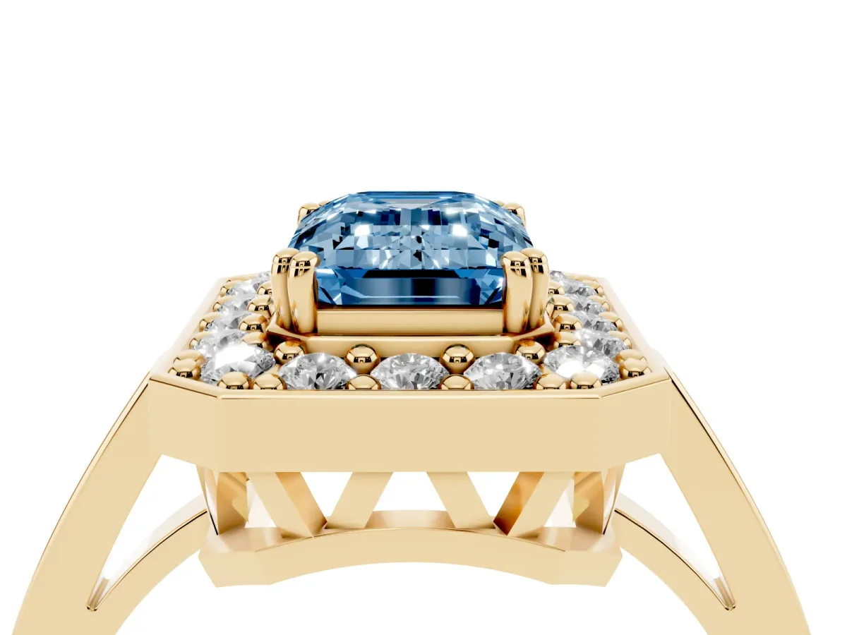 Fancy Blue Emerald Cut Diamond Halo Ring with Split Shank and Four-Prong Setting Yellow gold
