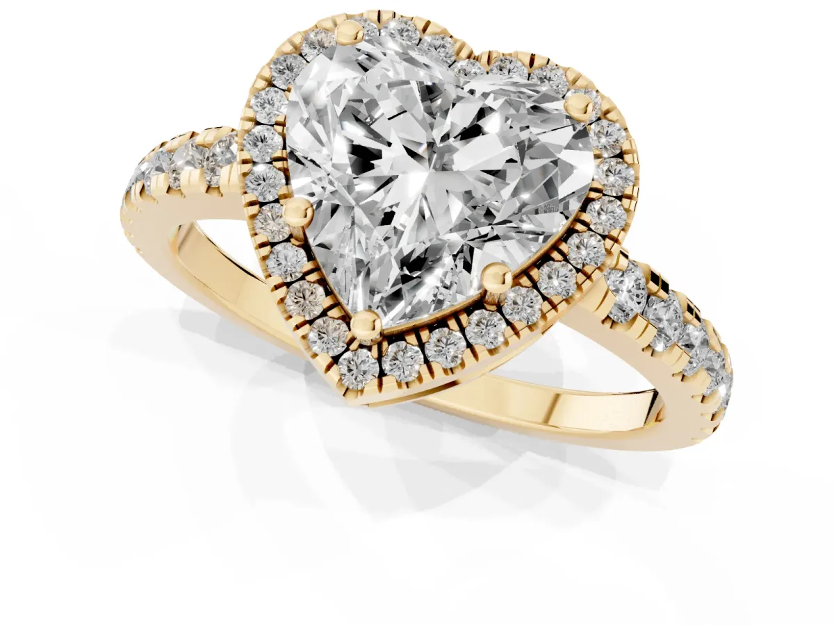 Heart Cut Diamond Halo Ring with Pavé Band and Four-Prong Setting Yellow gold