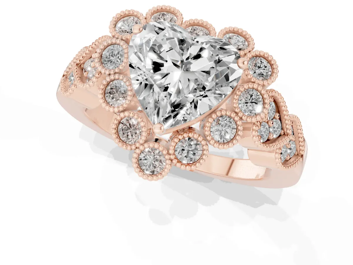 Heart Cut Brilliant Milgrain Pave Heart Band Solitaire Ring Rose gold