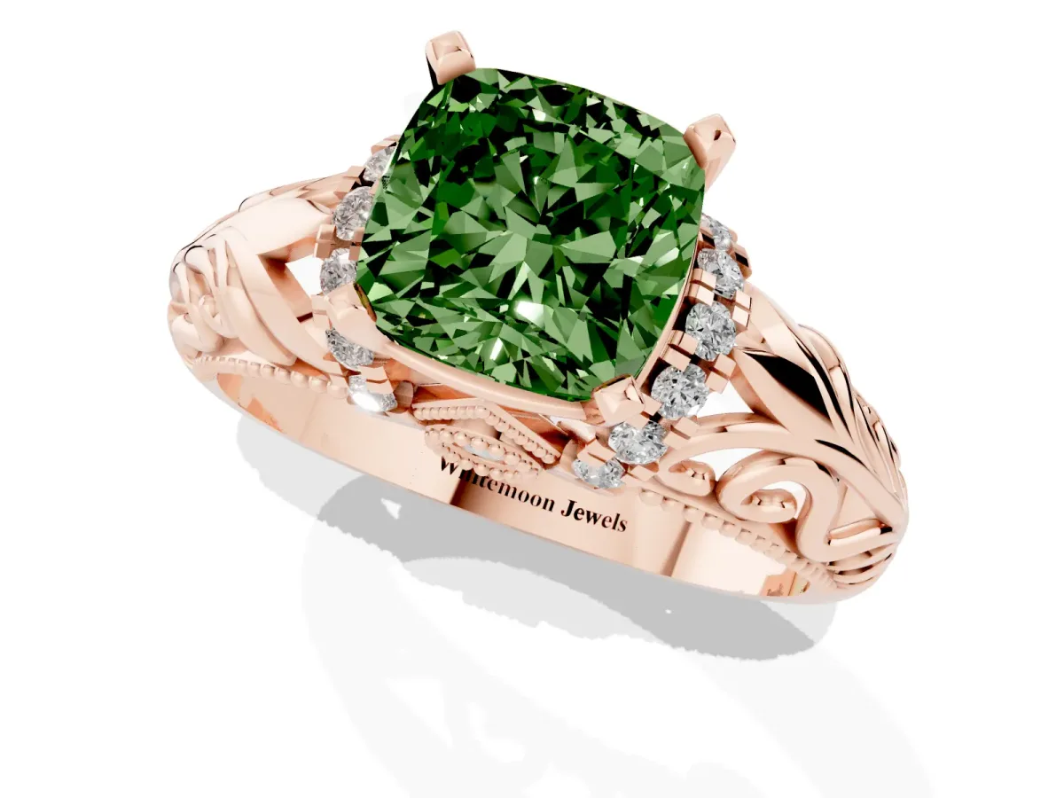 Fancy Green Cushion Cut Solitaire Filigree Engagement Ring with Halo and Prong Setting Rose gold