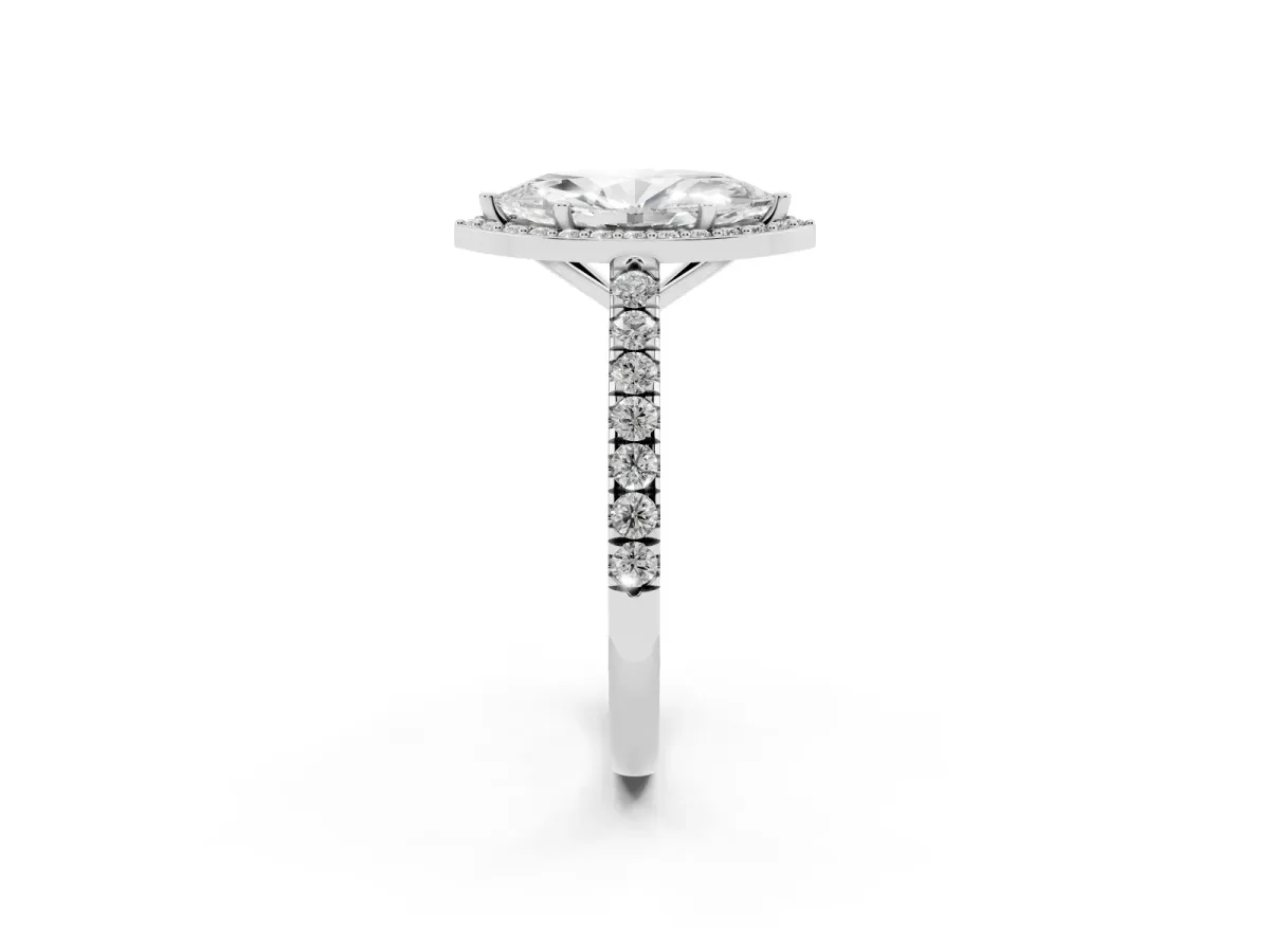 Marquise Cut Cut Halo Diamond Engagement Ring with Pave Band and Four-Prong Setting Silver