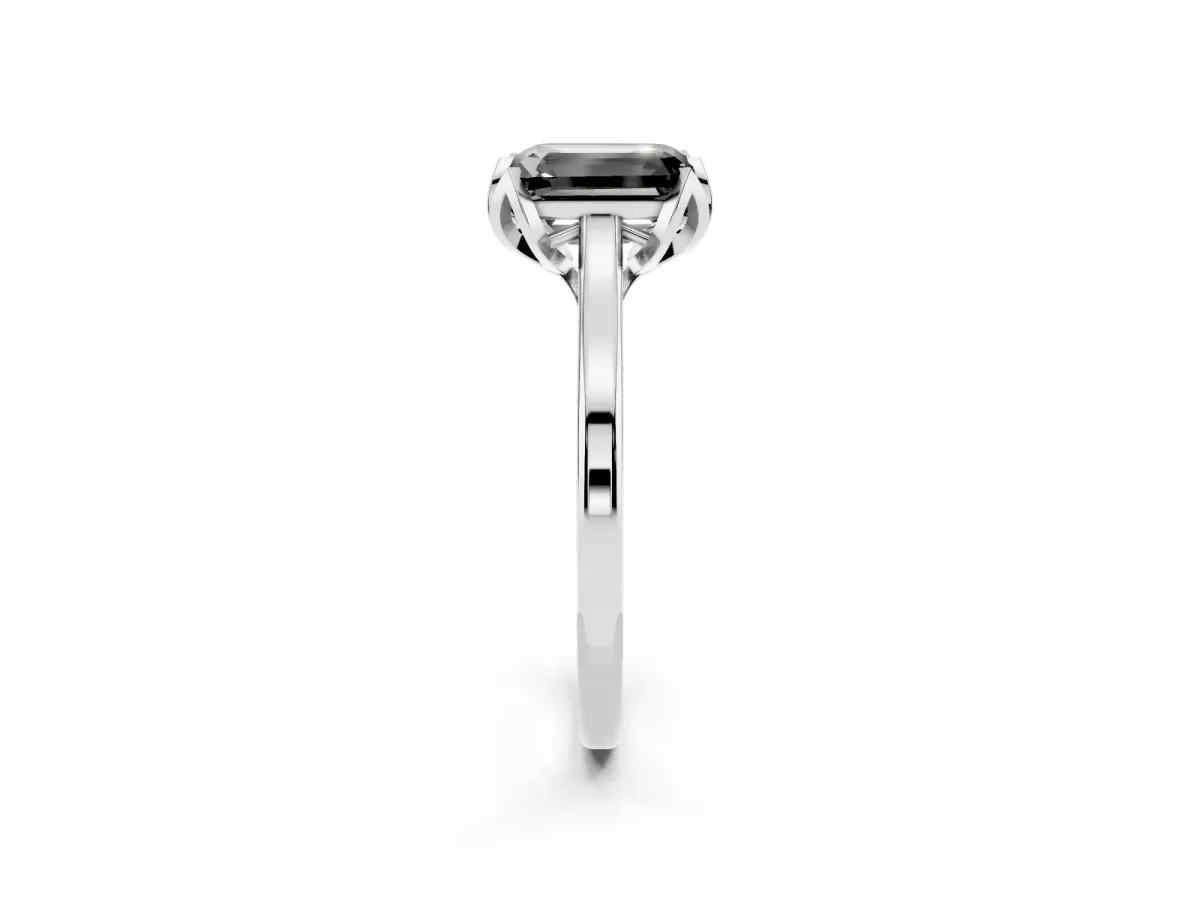 Fancy Black Emerald Cut Diamond Solitaire Ring with Flower Prong Setting and Classic Band Silver