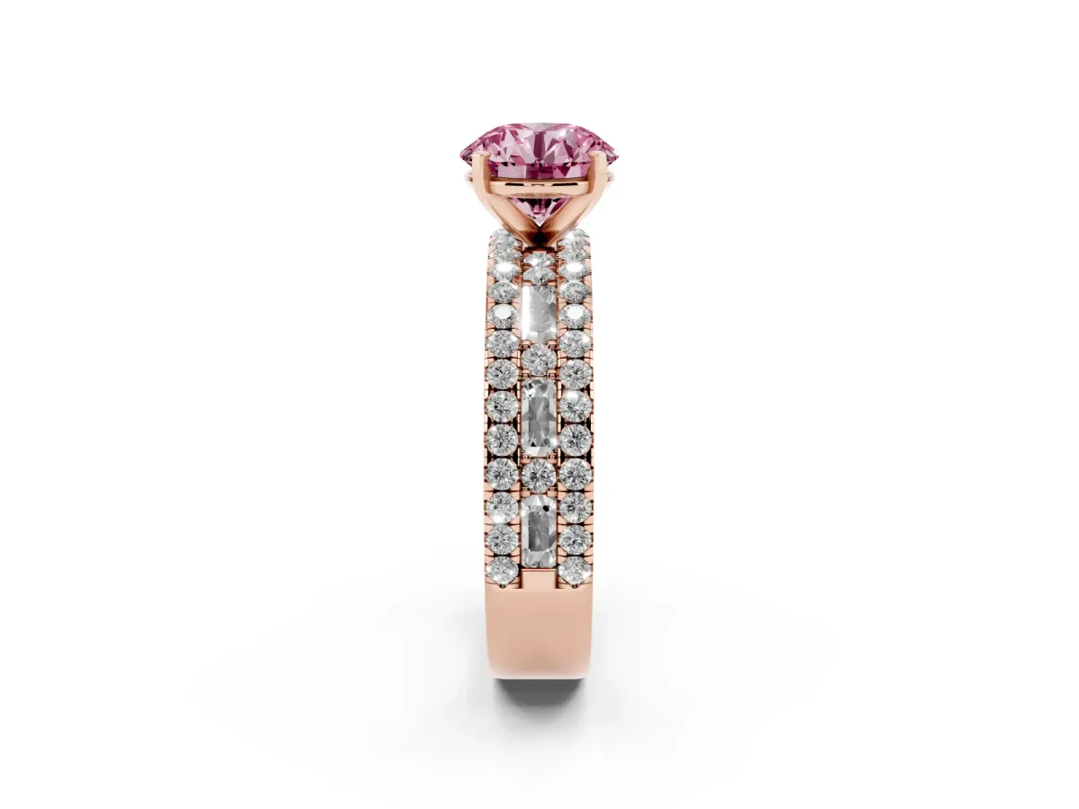 Fancy Pink Round Cut Diamond Solitaire Ring with Pavé and Channel Set Band Rose gold