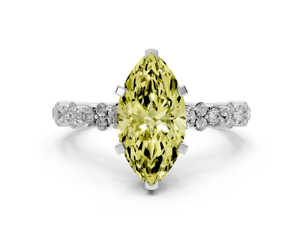 Fancy Yellow Marquise Cut Diamond Side Stone Solitaire Ring with Round and Four-Prong Setting Silver