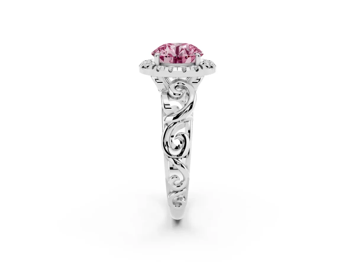 Fancy Pink Round Cut Cut Halo Diamond Ring with Scrollwork Band and Four-Prong Setting Silver