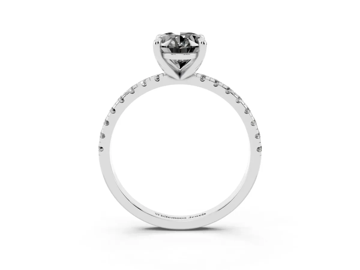 Fancy Black Oval Cut Diamond Brilliant Solitaire Ring with Pavé Band and Four-Prong Setting White gold
