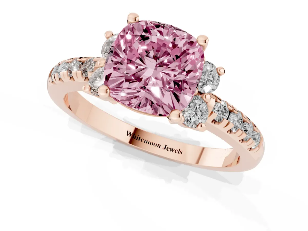 Fancy Pink Cushion Cut Diamond Three-Stone Pave Band with Four-Prong Setting Rose gold