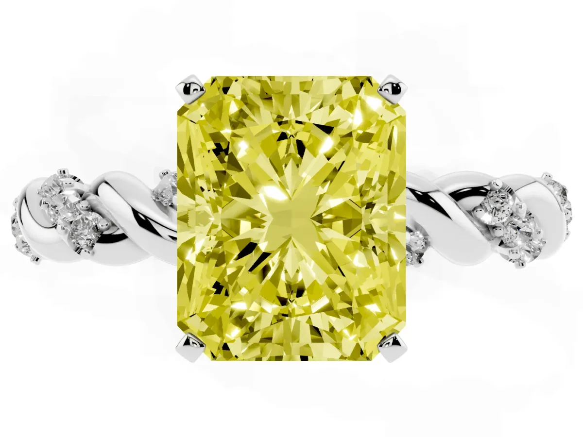 Fancy Yellow Radiant Cut Diamond Solitaire Ring with Twisted Band and Pavé Accents Platinum