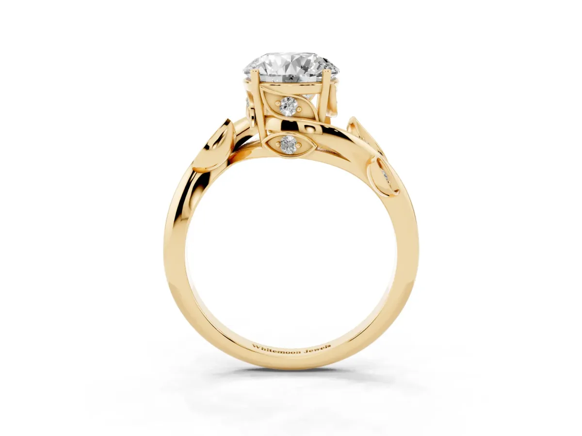 Round Cut Solitaire Twist Engagement Ring with Leaf Accents and Prong Setting Yellow gold