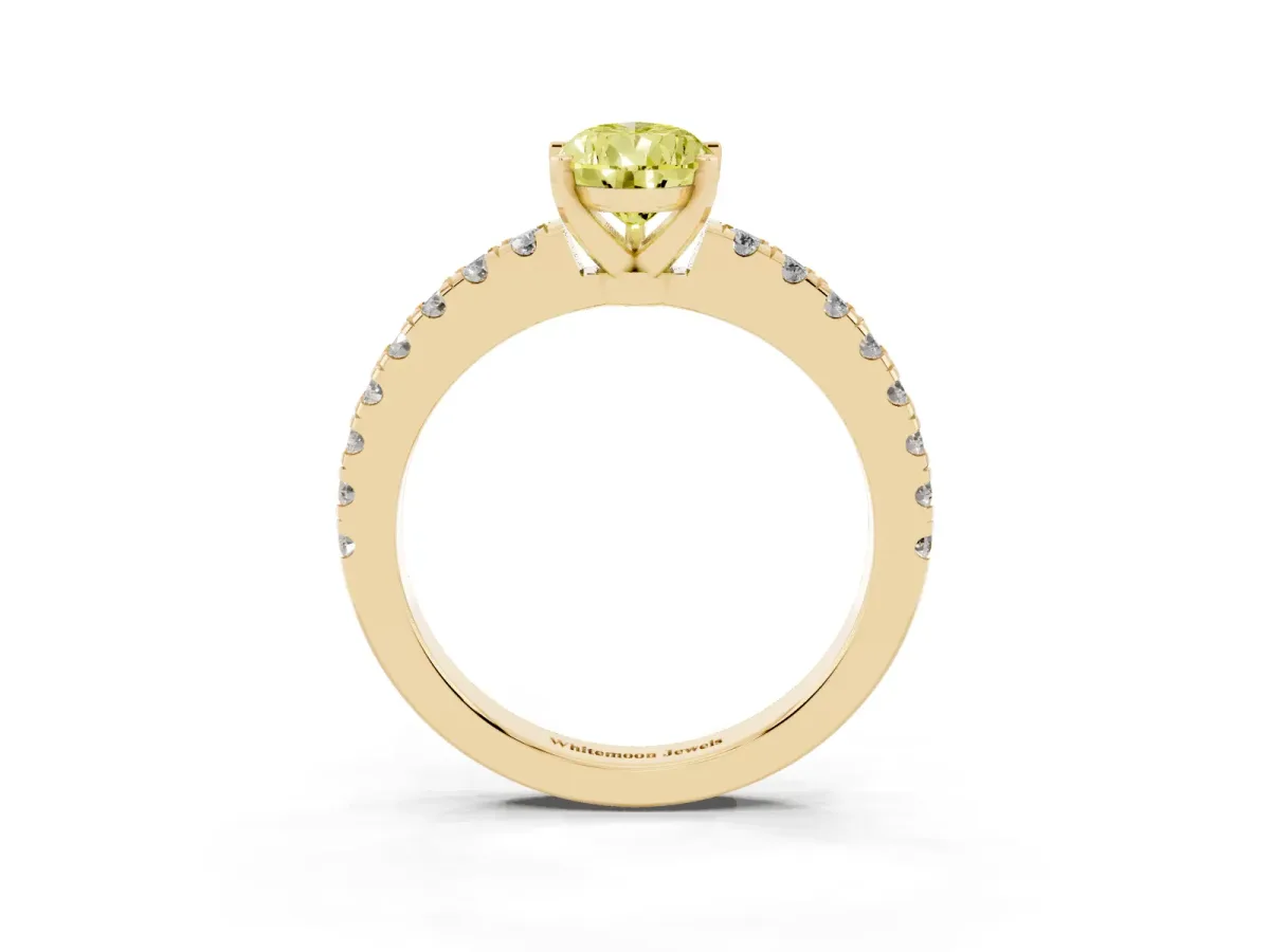 Fancy Yellow Pear Cut Solitaire Diamond with Pavé Band and Four-Prong Setting Yellow gold