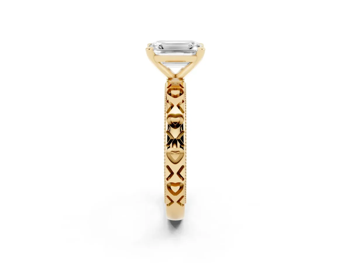 Emerald Cut Solitaire Diamond Engagement Ring with XO Engraved Band and Four-Prong Setting Yellow gold