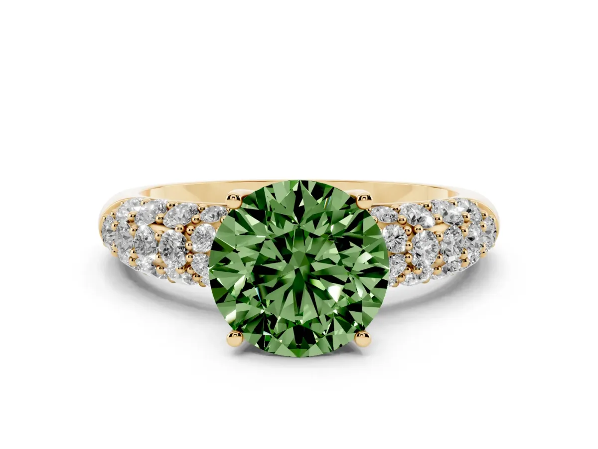 Fancy Green Round Cut Diamond Pavé Band Solitaire Ring with Four-Prong Setting Yellow gold