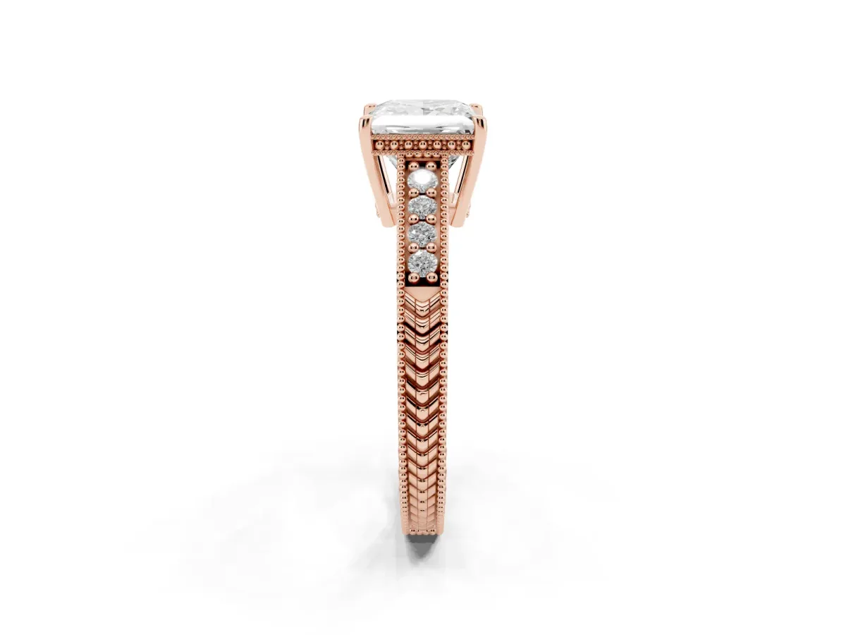 Princess Cut Solitaire Pavé Diamond Milgrain Engagement Ring with Four-Prong Setting Rose gold