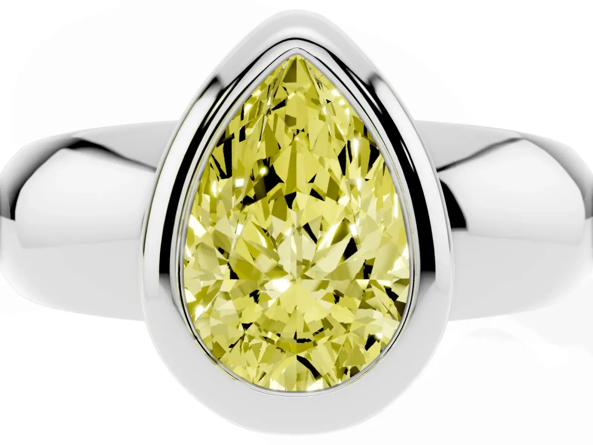 Fancy Yellow Bezel Set Pear Cut Solitaire Ring with Wide Band Silver