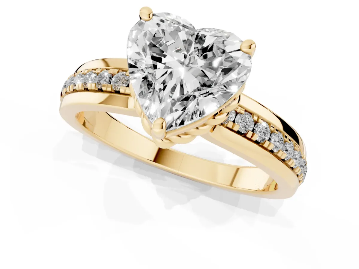 Heart Cut Solitaire Diamond Ring with Channel Set Band and Six-Prong Setting Yellow gold
